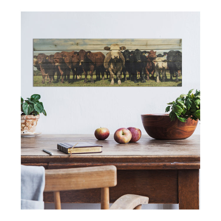 "Cow Herd" 12x36 Inch Print on Planked Wood Wall Art