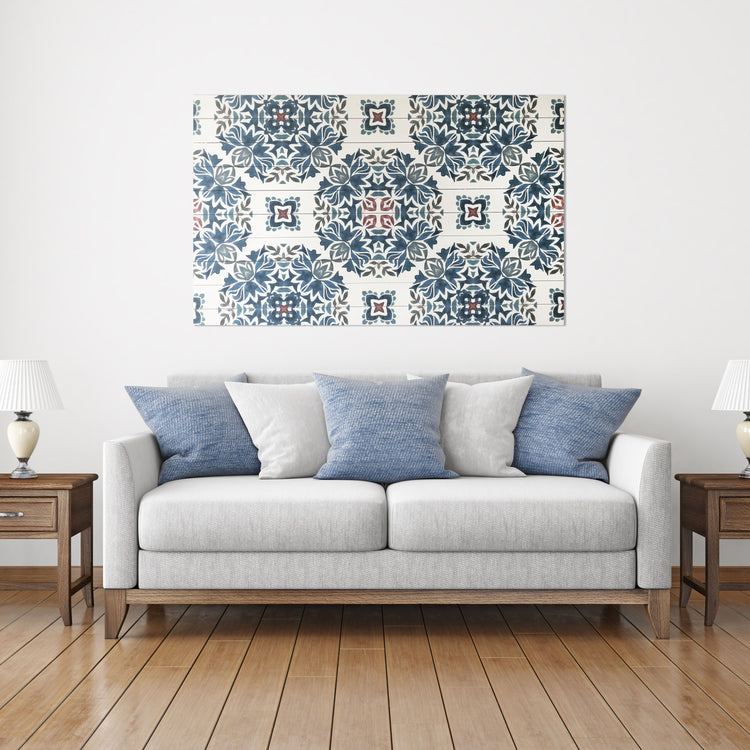 "Azulejo Pattern" 48x30 Inch Print on Planked Wood Wall Art