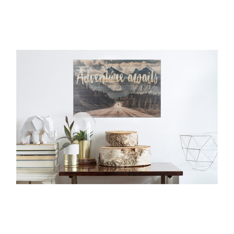 "Adventure Awaits Mountains" 24x36 Print on Planked Wood Wall Art