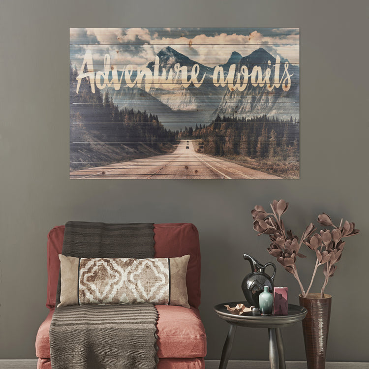 "Adventure Awaits Mountains" 24x36 Print on Planked Wood Wall Art