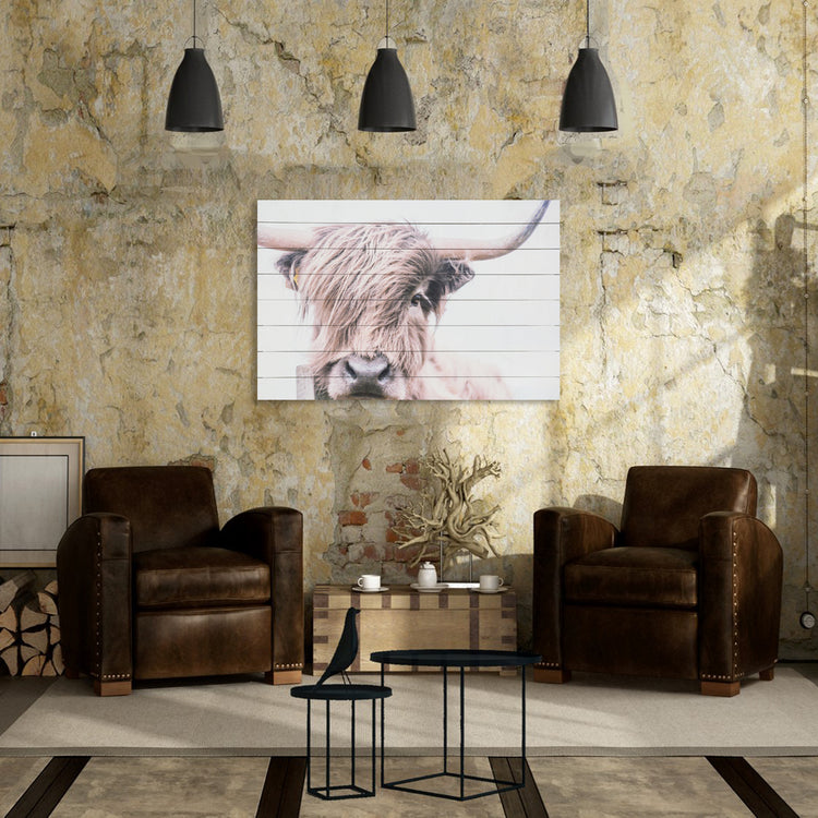 "Highland Cow" 24x36 Inch Print on Planked Wood Wall Art