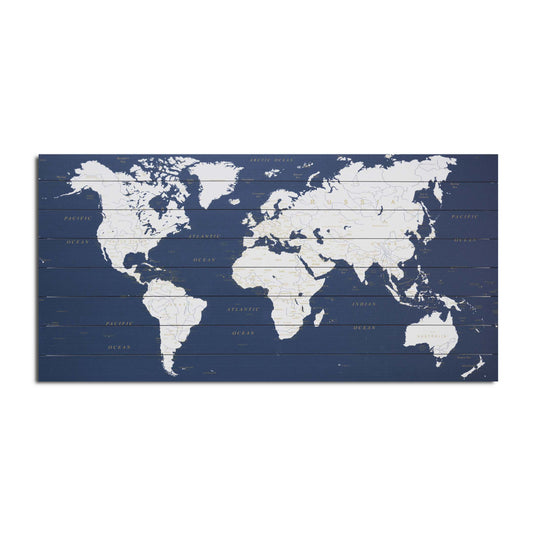 "Dark Blue World Map" Print on Planked Wood Wall Art