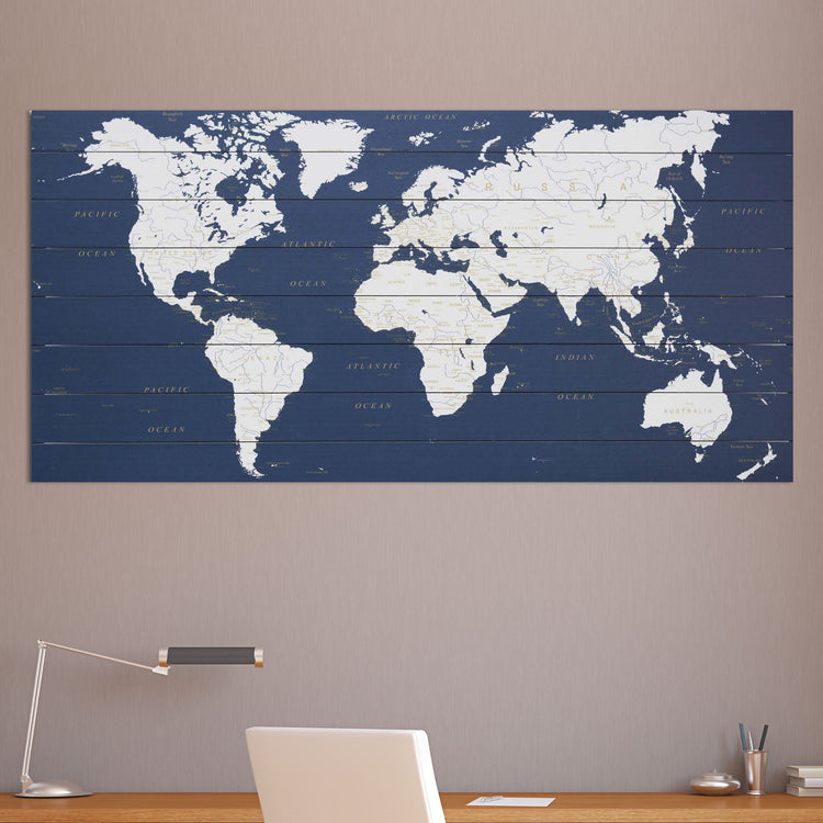 "World Map Dark Blue" 25x50 Inch Print on Planked Wood Wall Art