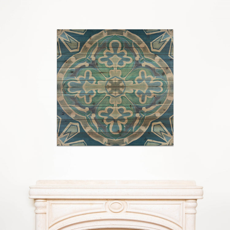"Blue Medallion" 29x29 Inch Print on Planked Wood Wall Art