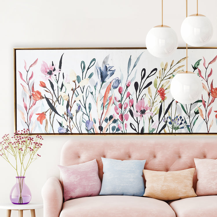 "Colorful Wildflowers" Watercolor Print on Gold Floating Framed Canvas Wall Art