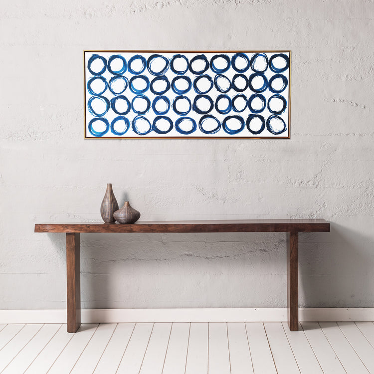"Blue Rings" 19x45 Inch Floating Frame Print on Canvas Wall Art