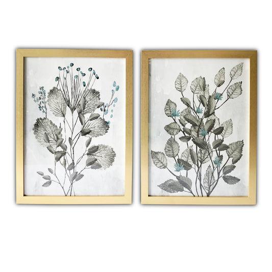 "Silver Leaves" 2 Piece Set Print with Gold Frames