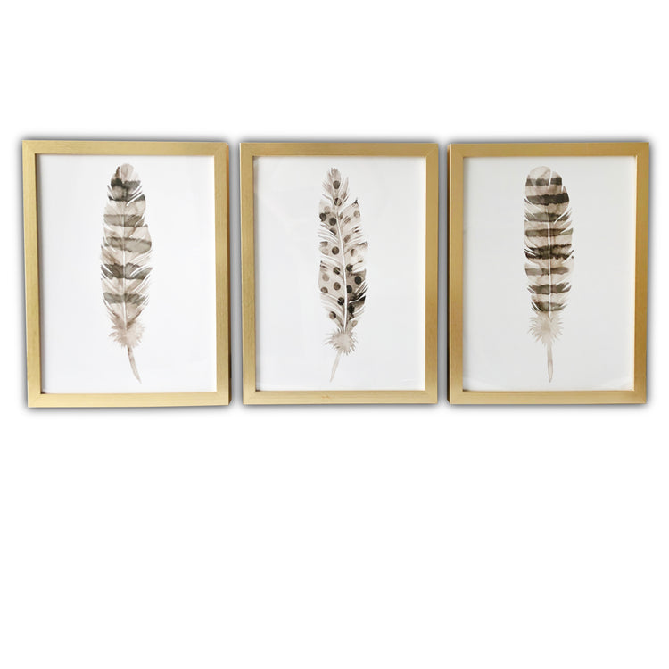 "Feathers" 3 Piece set Gold Framed Prints Wall Art