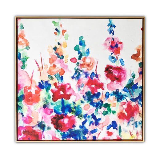 "Happy Garden" Watercolor Print on Gold Floating Framed Canvas Wall Art
