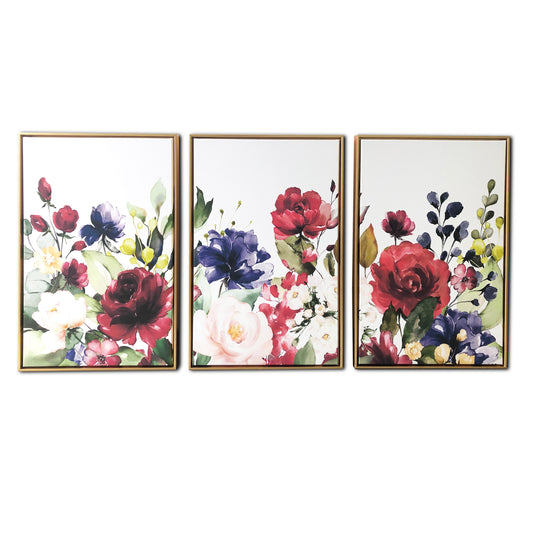 "Floral Garden" 3 Piece Set Watercolor Print on Gold Floating Framed Canvas Wall Art