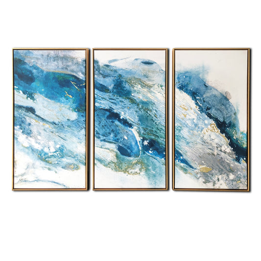 "Abstract Turquoise Regalite" 3 Piece Large Print on Gold Floating Framed Canvas Wall Art