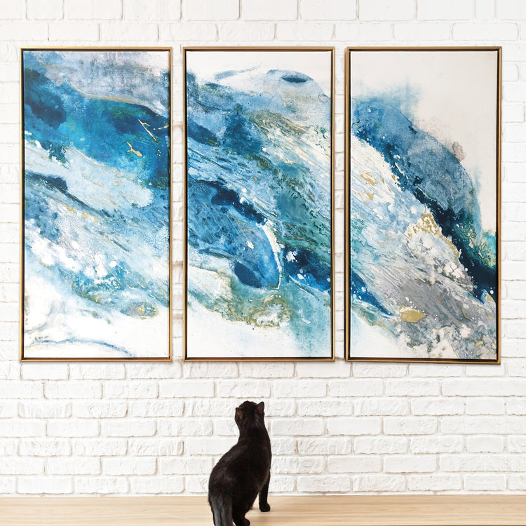 "Abstract Turquoise Regalite" 3 Piece Large Print on Gold Floating Framed Canvas Wall Art