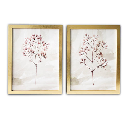 "Blush Pink Branches" 2 Piece Set Watercolor Print with Gold Frames