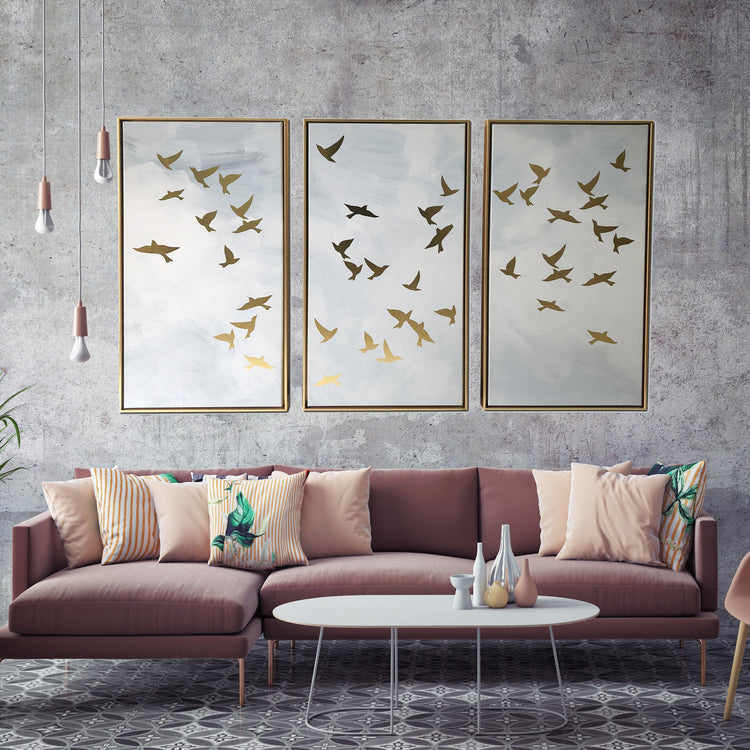 "Golden Birds" 48x30 Inch Floating Frame Print on Canvas Wall Art Set