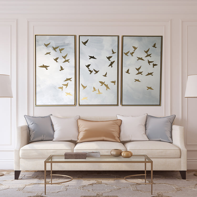 "Golden Birds" 48x30 Inch Floating Frame Print on Canvas Wall Art Set