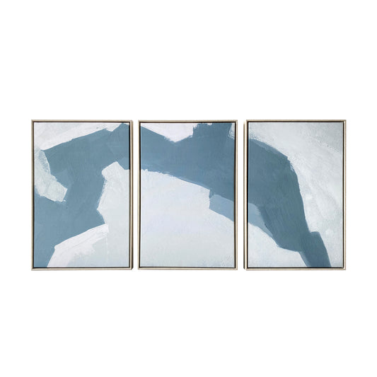 "Abstract Blues" 3 Piece Set Print on Natural Wood Floating Framed Canvas Wall Art