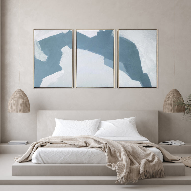 "Abstract Blues" 48x24 Inch Floating Framed Print on Canvas Triptych Wall Art