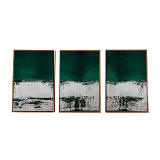 "Malachite Green Abstract Triptych" 48x24 Inches Floating Canvas Wall Art