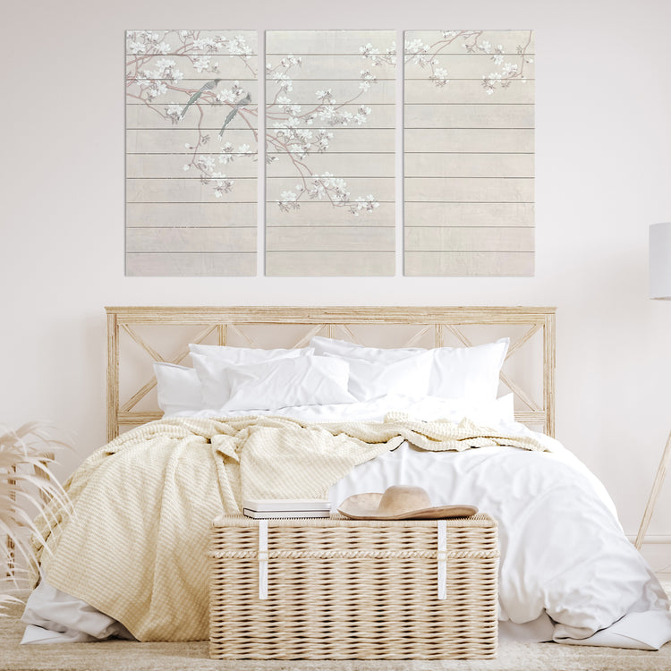 "Birds and Blossoms" 3 Piece Set Print on Planked Wood Wall Art
