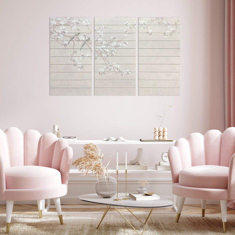 "Birds and Blossoms" 48x30 Inch Triptych Print on Planked Wood Wall Art