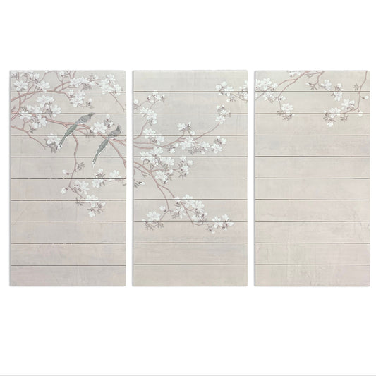 "Birds and Blossoms" 48x30 Inch Triptych Print on Planked Wood Wall Art
