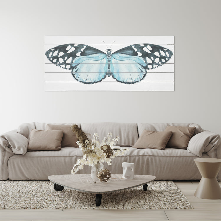"Blue Moth" 19x45 Inch Print on Planked Wood Wall Art