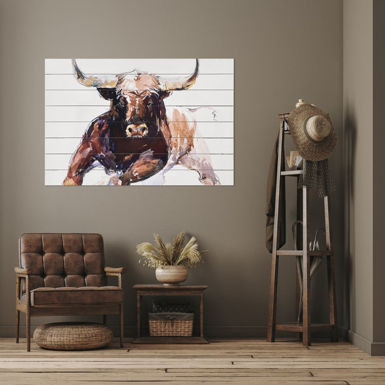 "The Bull" 24x36 Inch Print on Planked Wood Wall Art