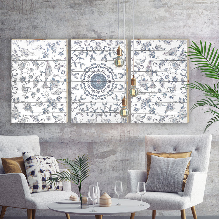 "Chinoiserie Pattern" 48x24 Inch Triptych Print on Planked Wood Wall Art