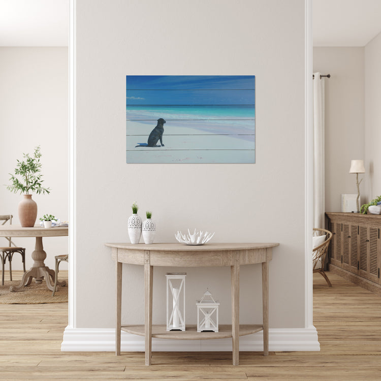 "Dog on Beach" Print on Planked Wood Wall Art